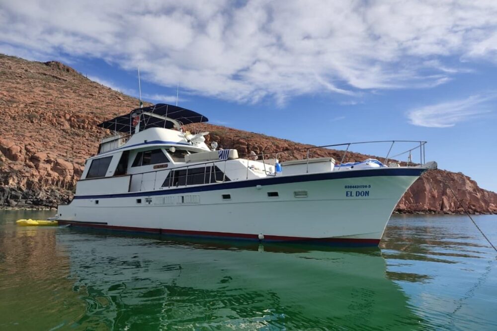 "El Don" is a 65ft Classic Hatteras luxury yacht docked in La Paz, Mexico.